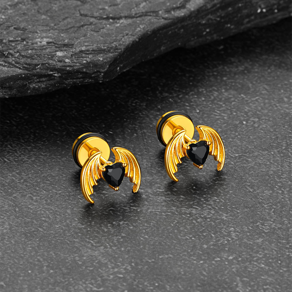 Black CZ Heart Devil Wings Stud Earrings in Stainless Steel