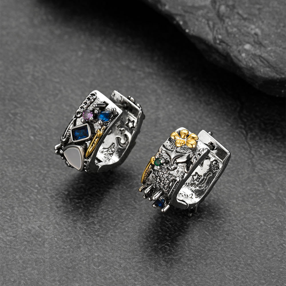 Black Onyx Skull Signet Ring & Graffiti Joker Star Earring Jewelry Set For Men