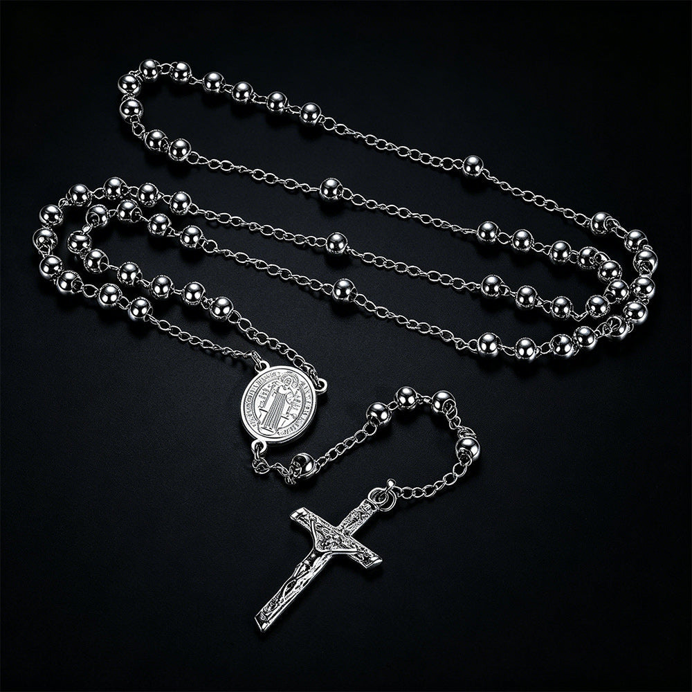 Catholic Saint Benedict Rosary Bead Necklace with Cross for Men