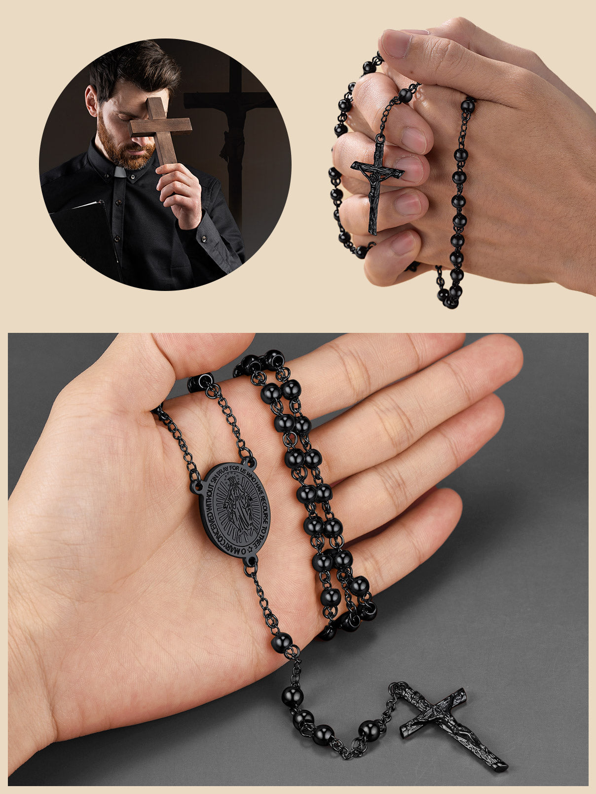 Catholic Virgin Mary Rosary Beads Cross Necklace Chain for Men Women