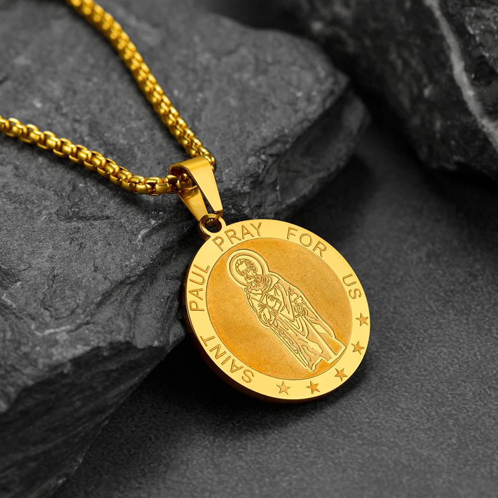 Gothic Society St Paul Round Necklace Engraved Catholic Saints Medal Jewelry