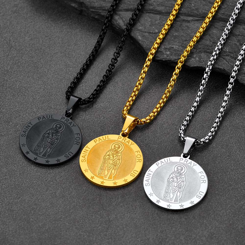 Gothic Society St Paul Round Necklace Engraved Catholic Saints Medal Jewelry