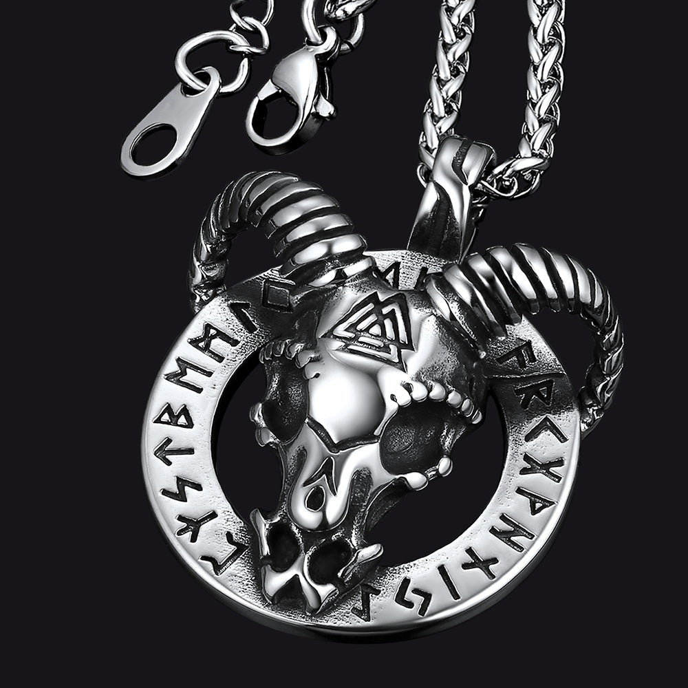 Baphomet Satanic Goat Necklace With Viking Runes for Men