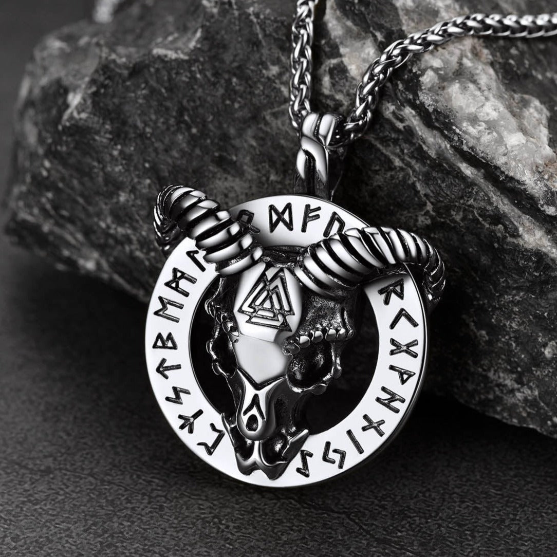Baphomet Satanic Goat Necklace With Viking Runes for Men