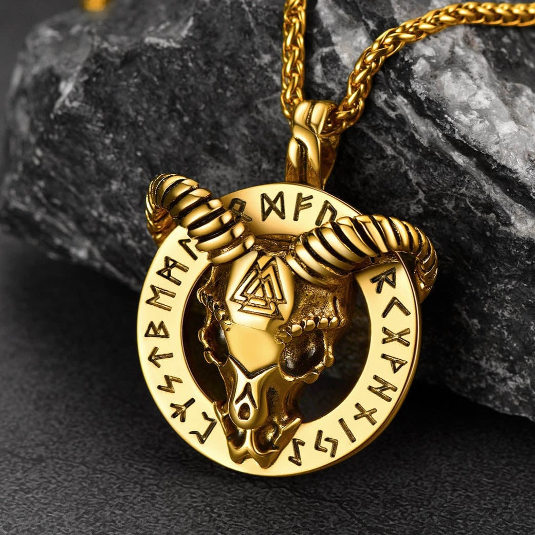 Baphomet Satanic Goat Necklace With Viking Runes for Men