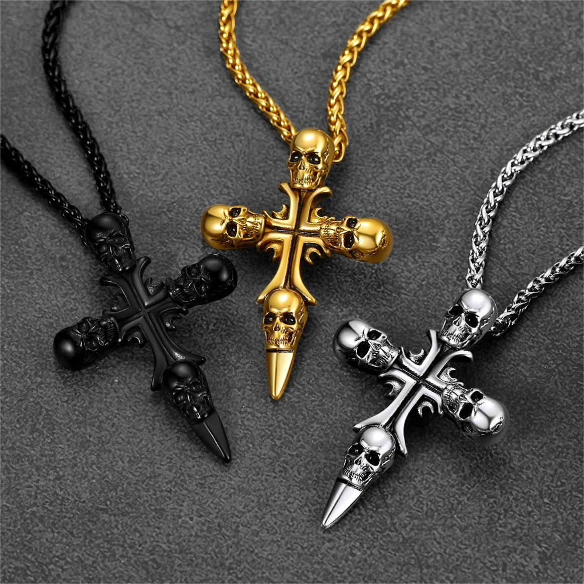 Vintage Skull Cross Necklace For Men Stainless Steel