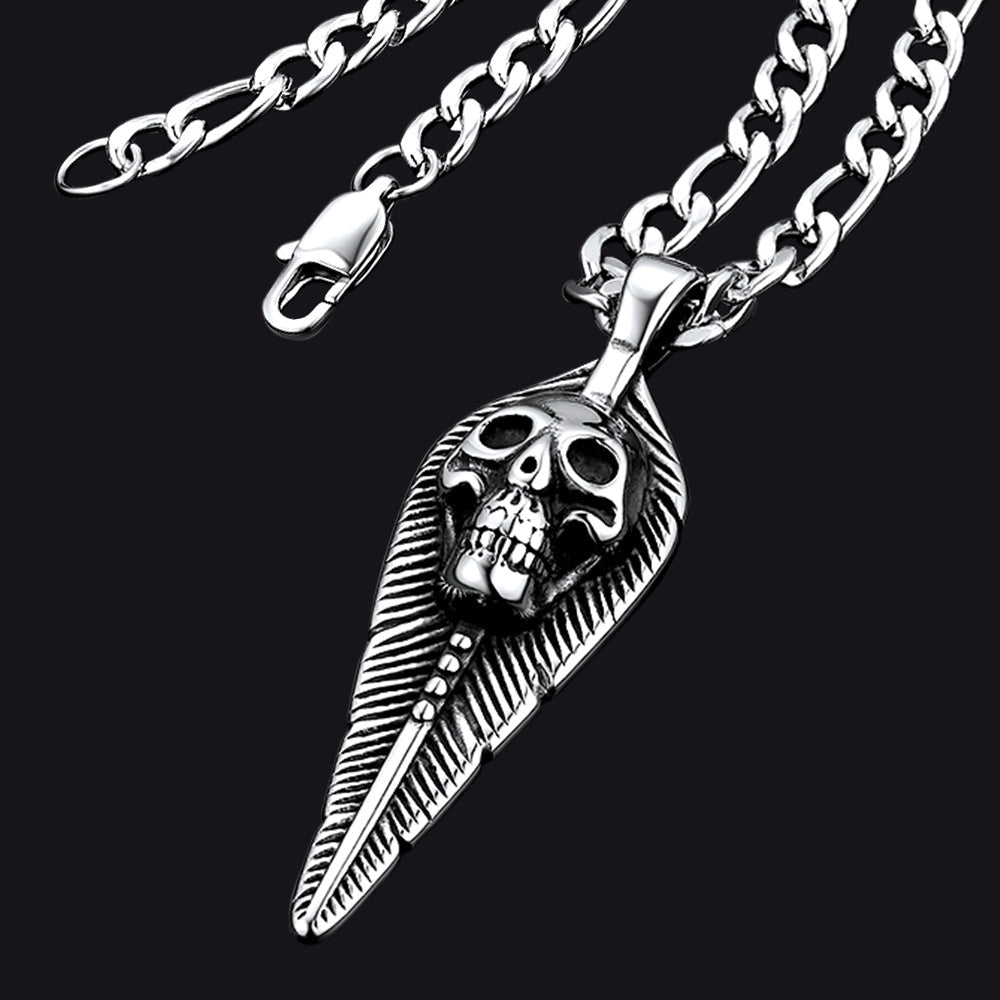 Punk Leaves Skull Pendant Necklace For Men