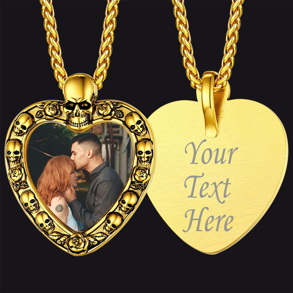 Customized Memorial Heart Photo Necklace with Skull for Men and Women