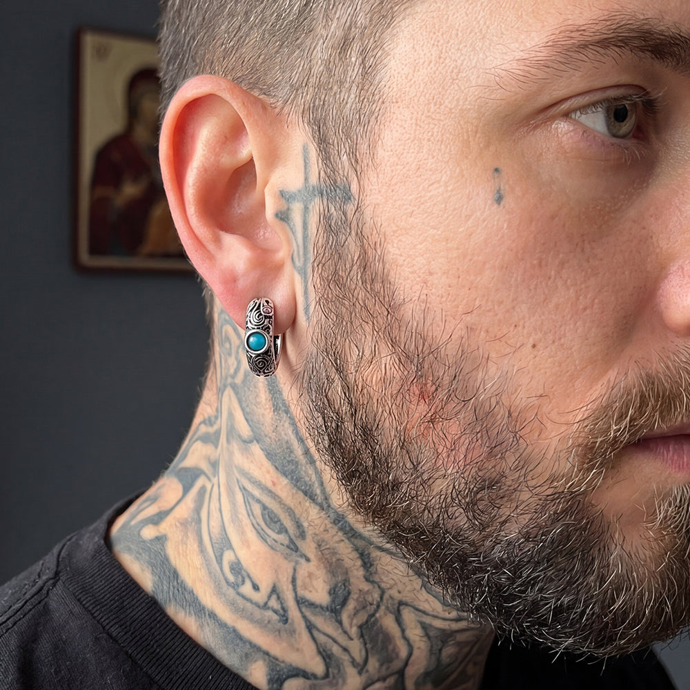 Vintage Turquoise Stone Hoop Earrings for Men