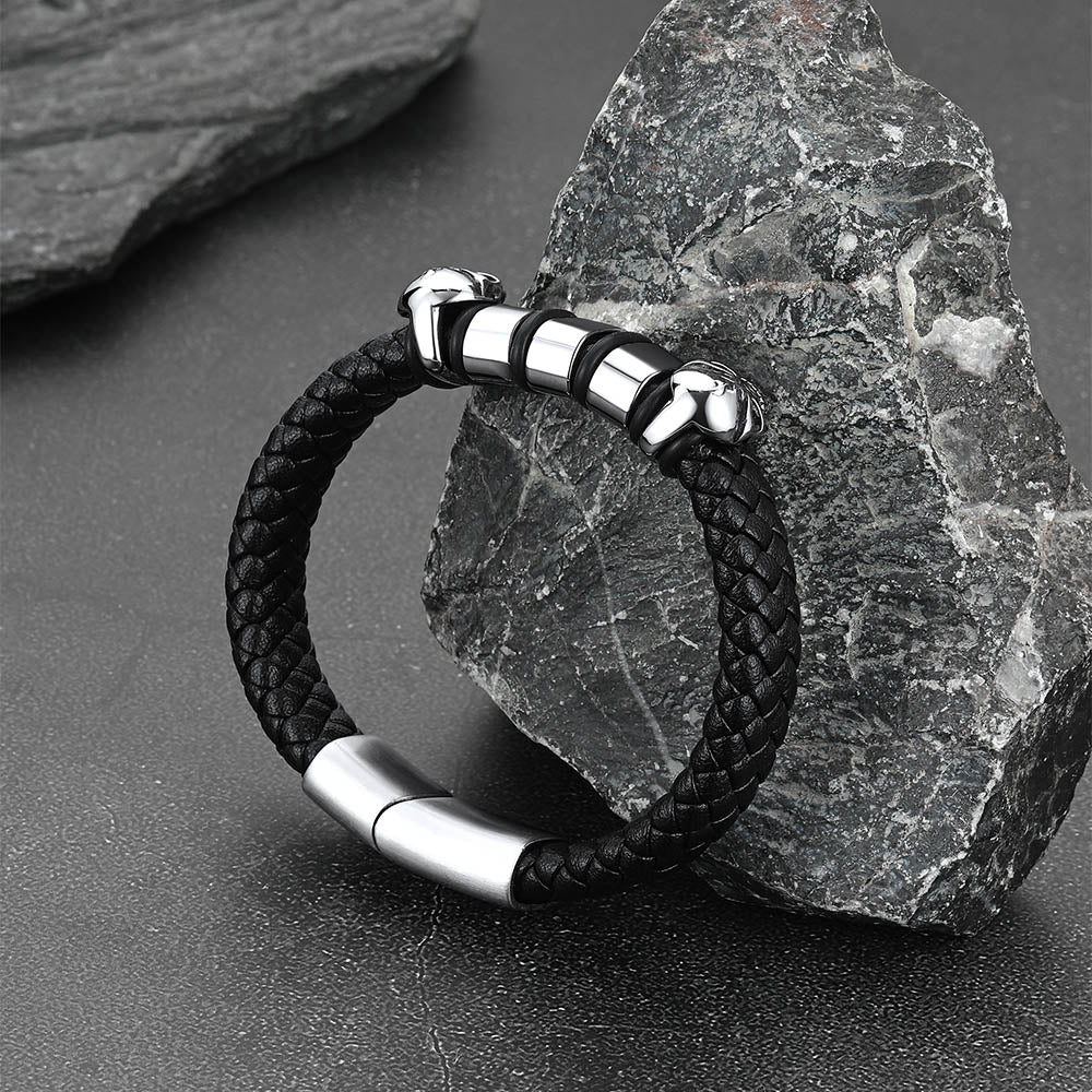 Personalized Name Beads Leather Bracelet with Skull for Men