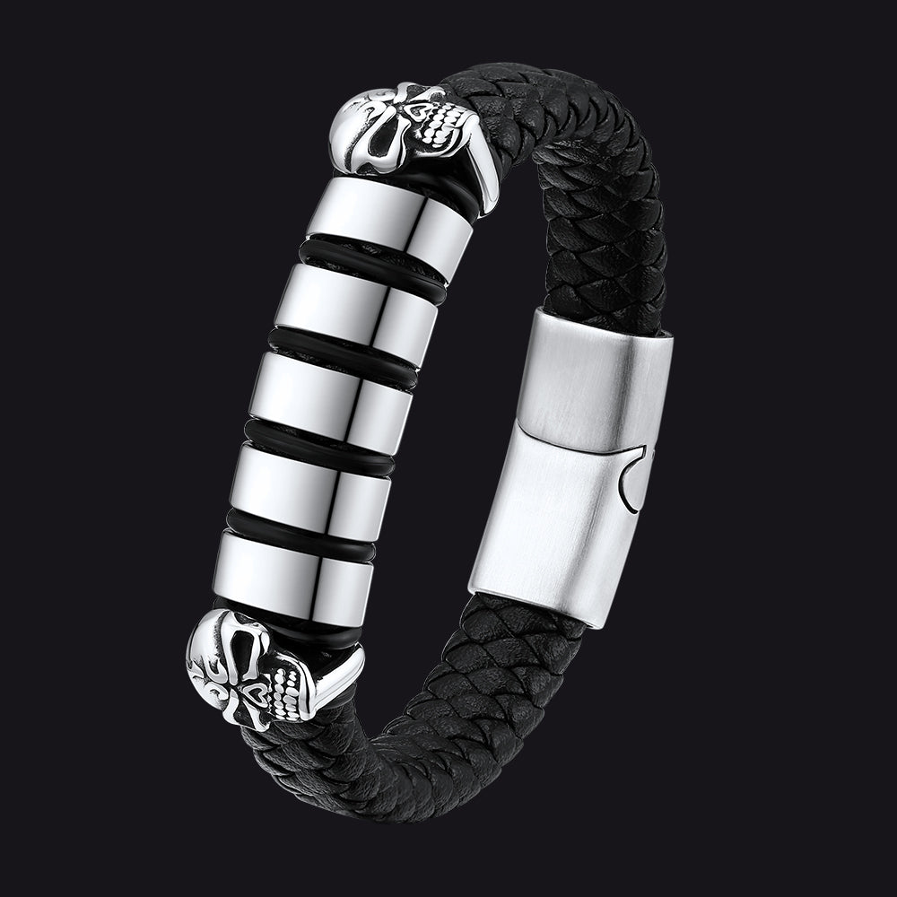 Personalized Name Beads Leather Bracelet with Skull for Men