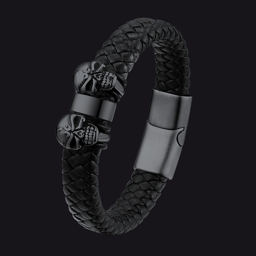 Personalized Name Beads Leather Bracelet with Skull for Men