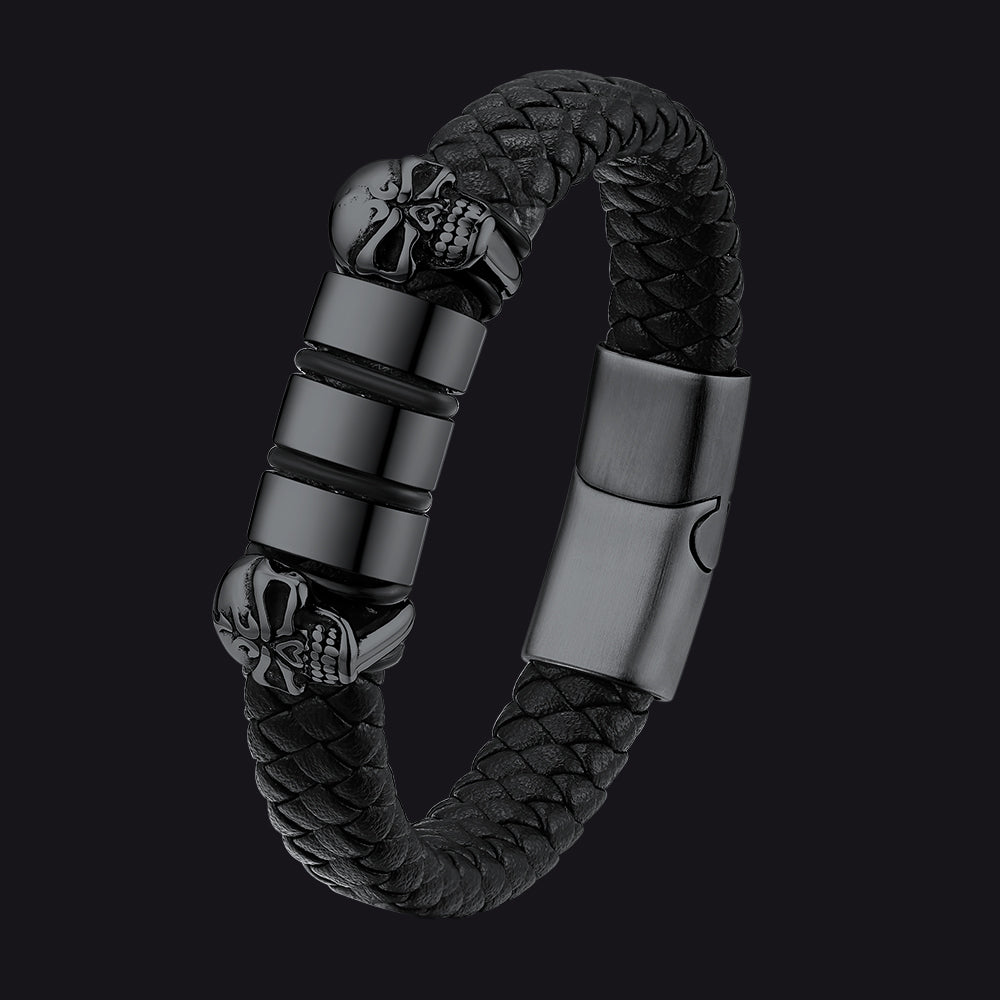 Personalized Name Beads Leather Bracelet with Skull for Men