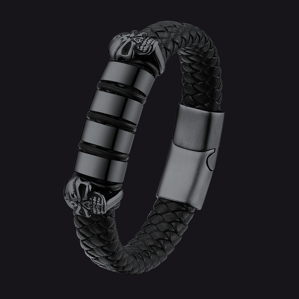 Personalized Name Beads Leather Bracelet with Skull for Men