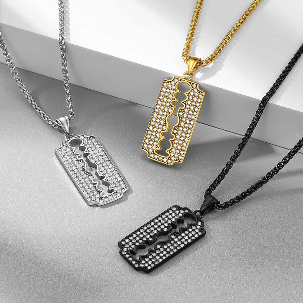Engraved Razor Blade Pendant Necklace with Diamond for Men