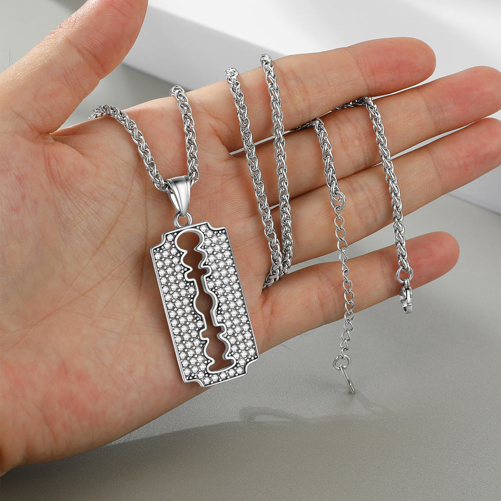 Engraved Razor Blade Pendant Necklace with Diamond for Men
