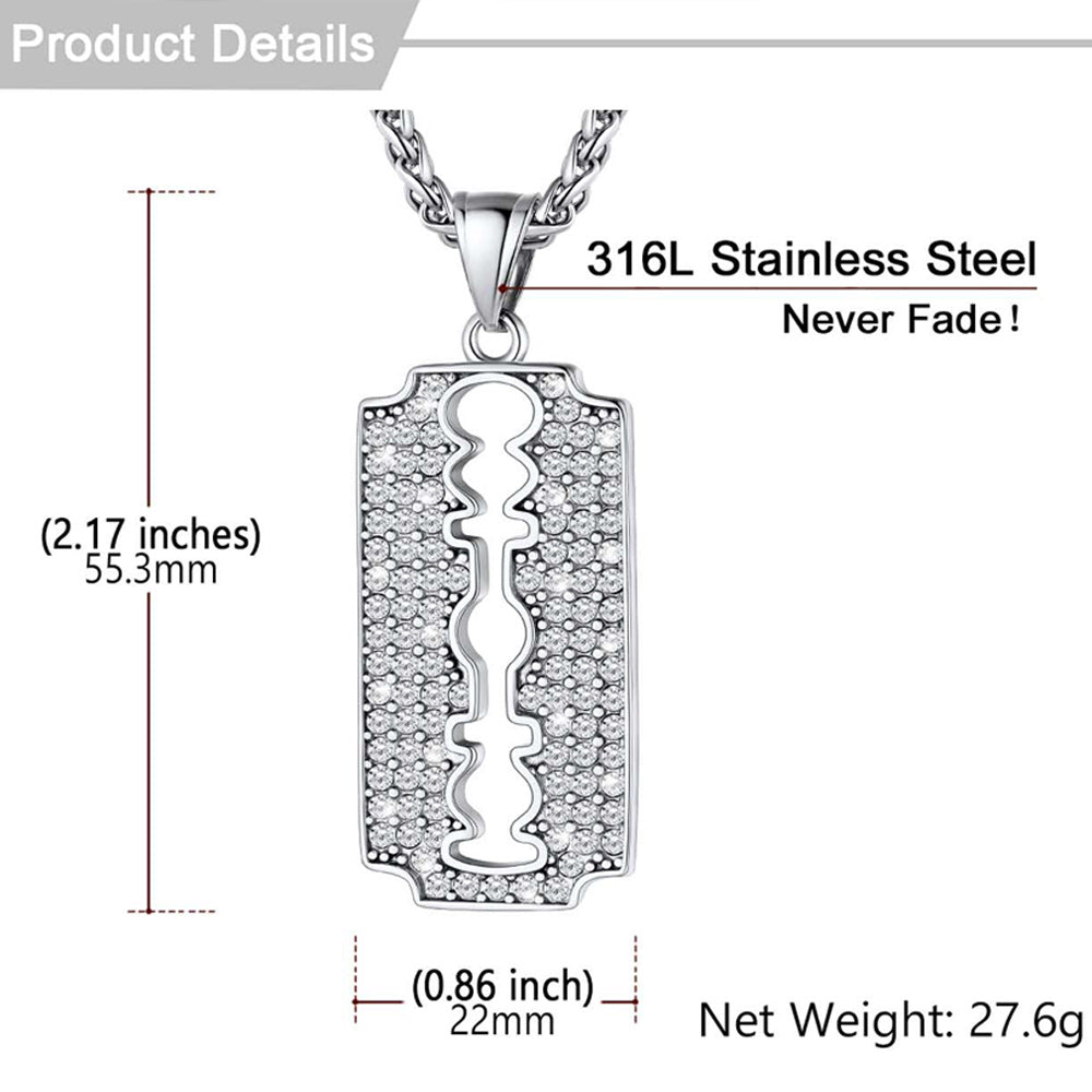 Engraved Razor Blade Pendant Necklace with Diamond for Men
