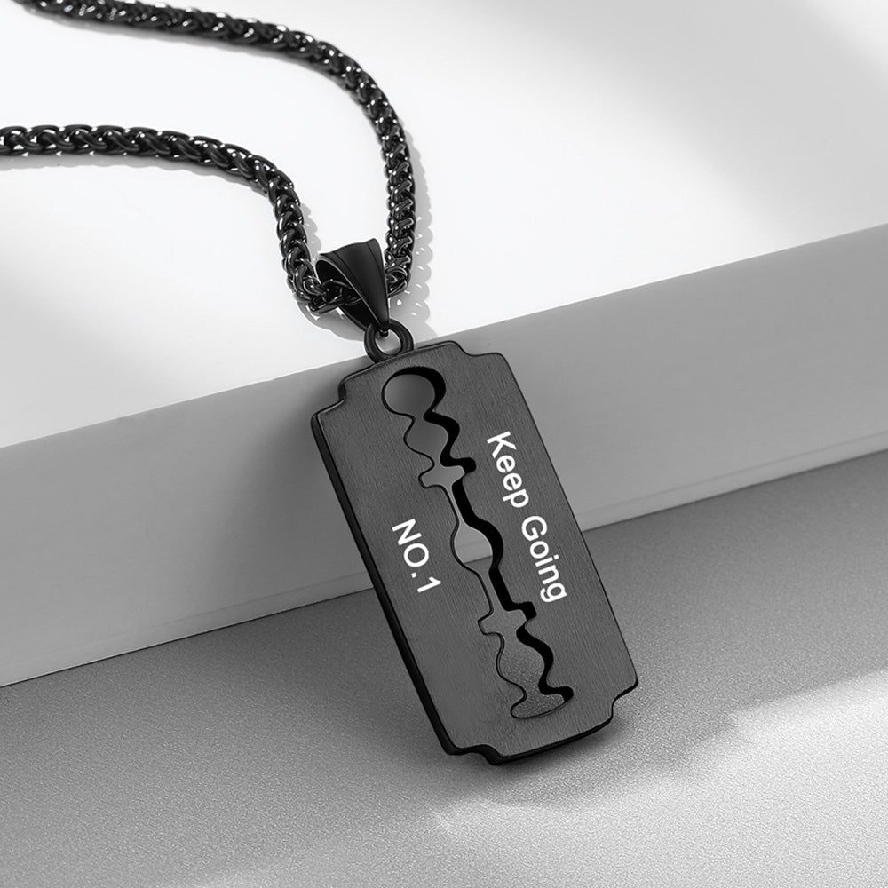 Engraved Razor Blade Pendant Necklace with Diamond for Men