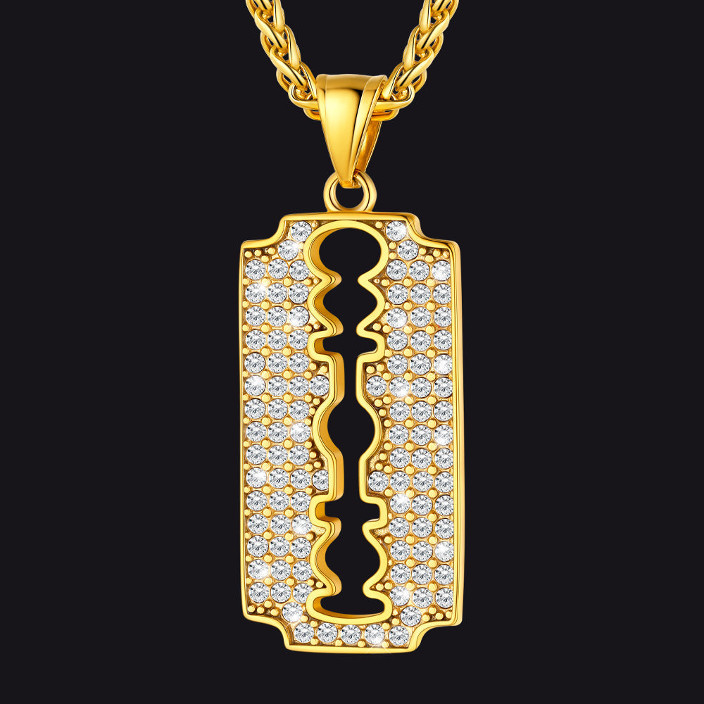 Engraved Razor Blade Pendant Necklace with Diamond for Men