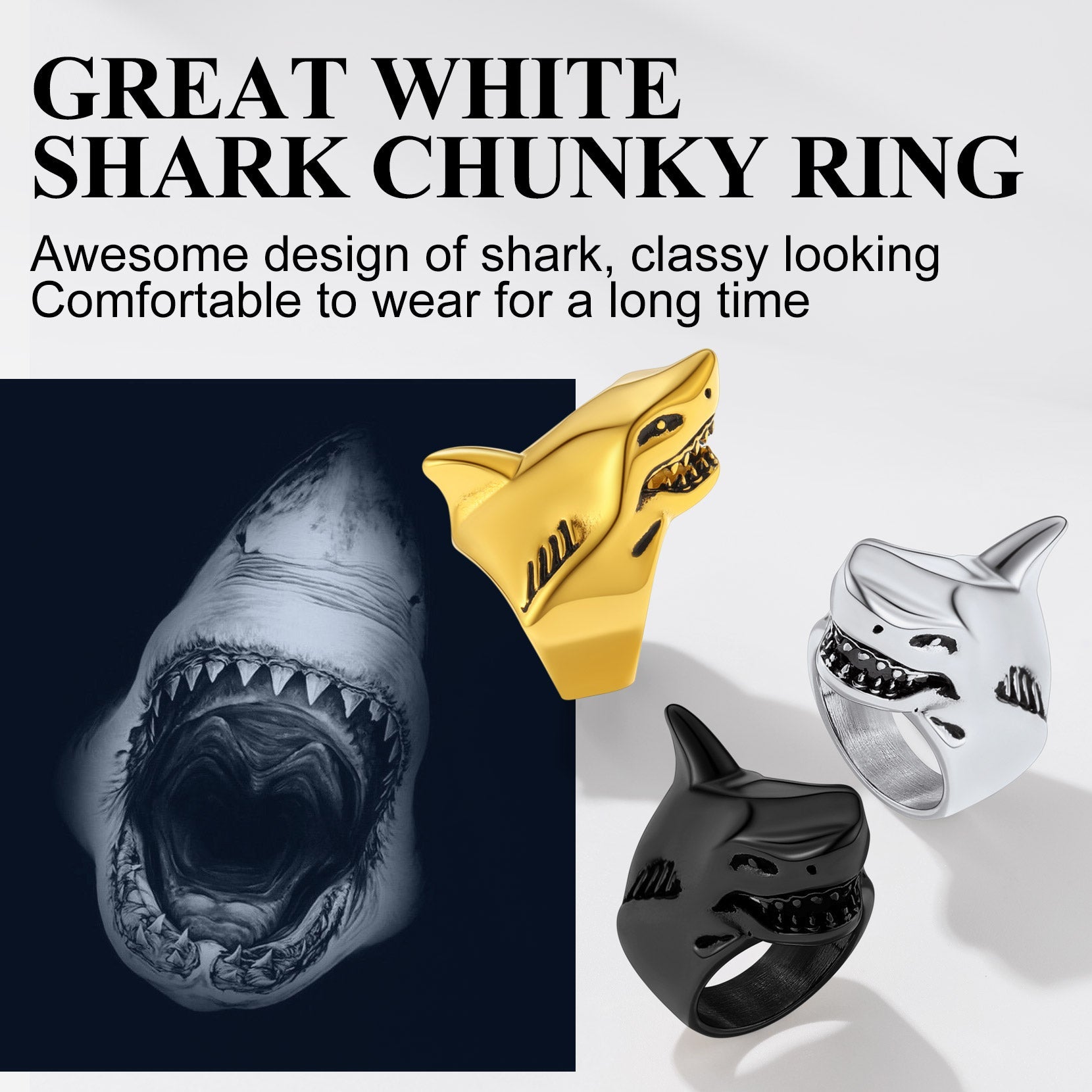 Stainless Steel Gothic Shark Signet Ring for Men Women