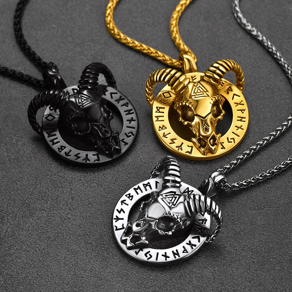 Baphomet Satanic Goat Necklace With Viking Runes for Men
