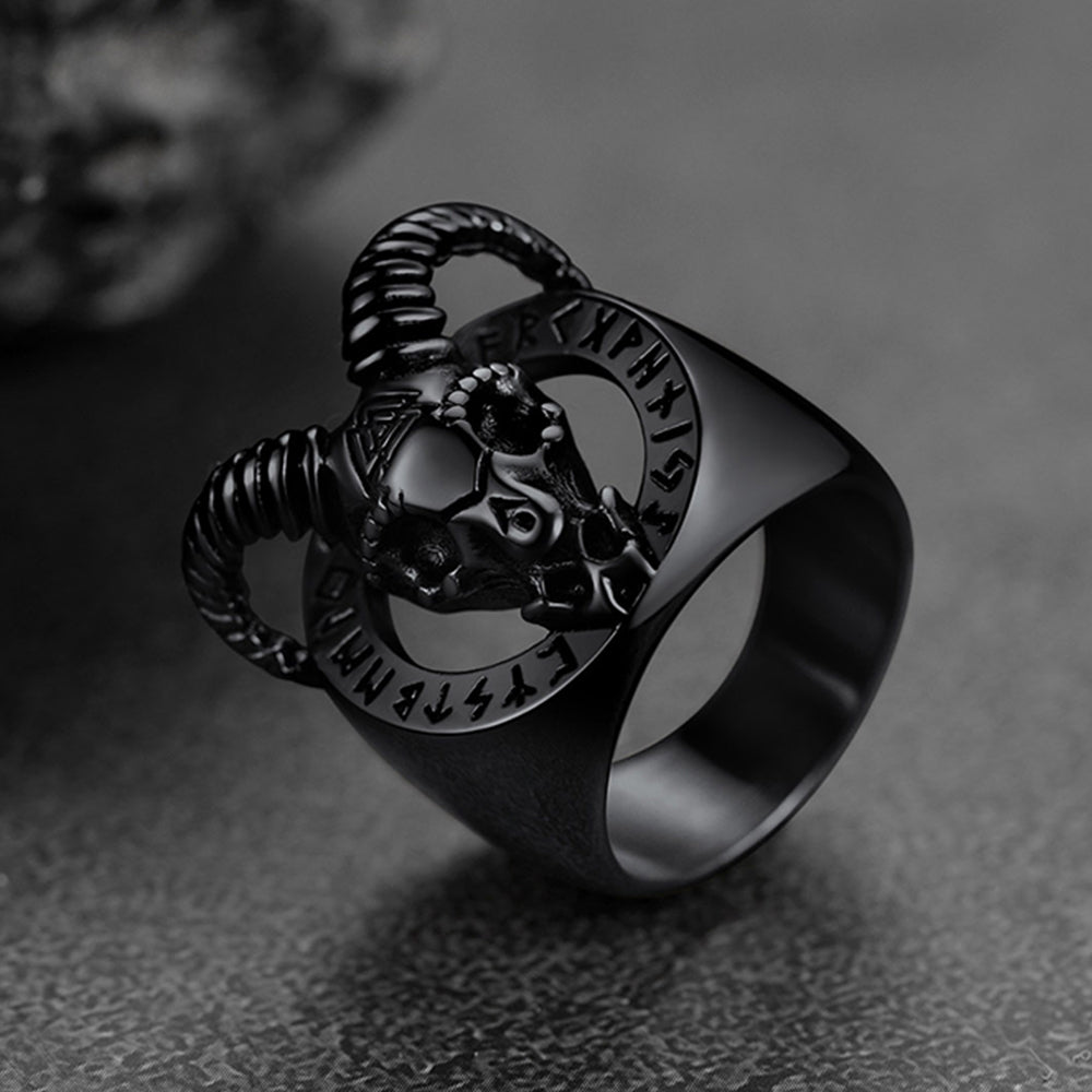 Satanic Goat Skull Ring With Viking Runes For Men