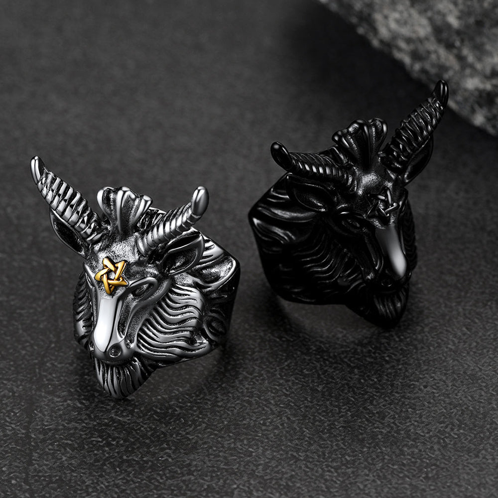Satanic Baphomet Goat Ring For Men With Pentagram