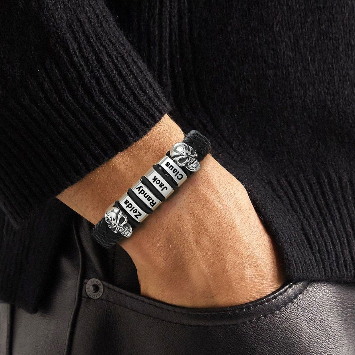 Personalized Name Beads Leather Bracelet with Skull for Men
