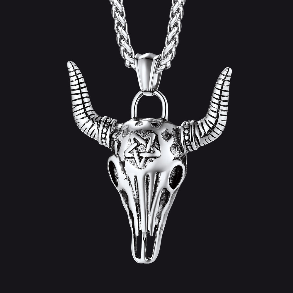 Flash Sale Satanic Bull Cow Skull Necklace with Inverted Pentagram for Men