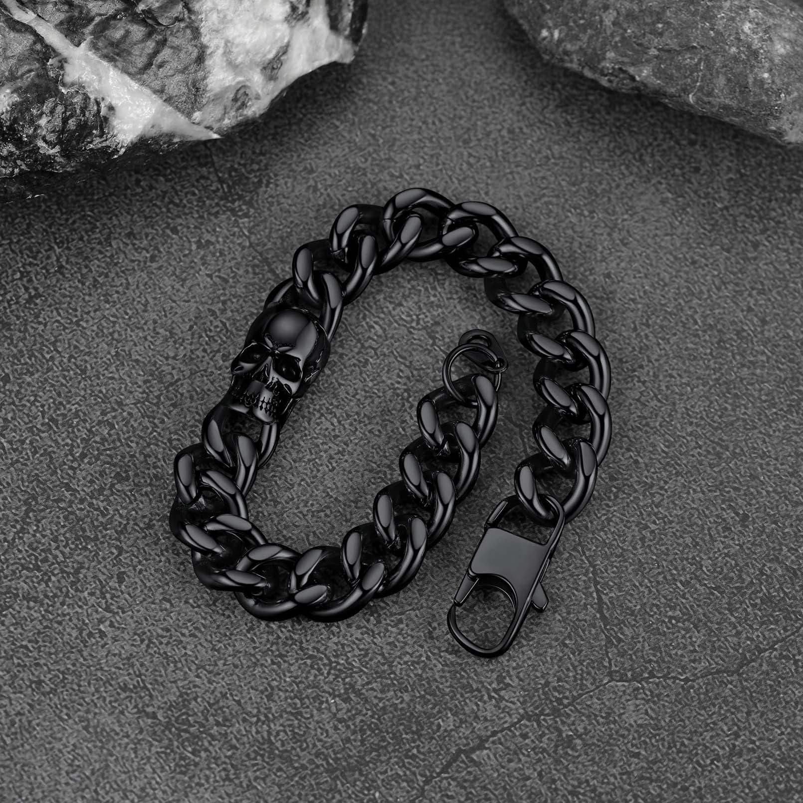 Gothic Heavy Cuban Chain Skull Bracelet For Men in Stainless Steel