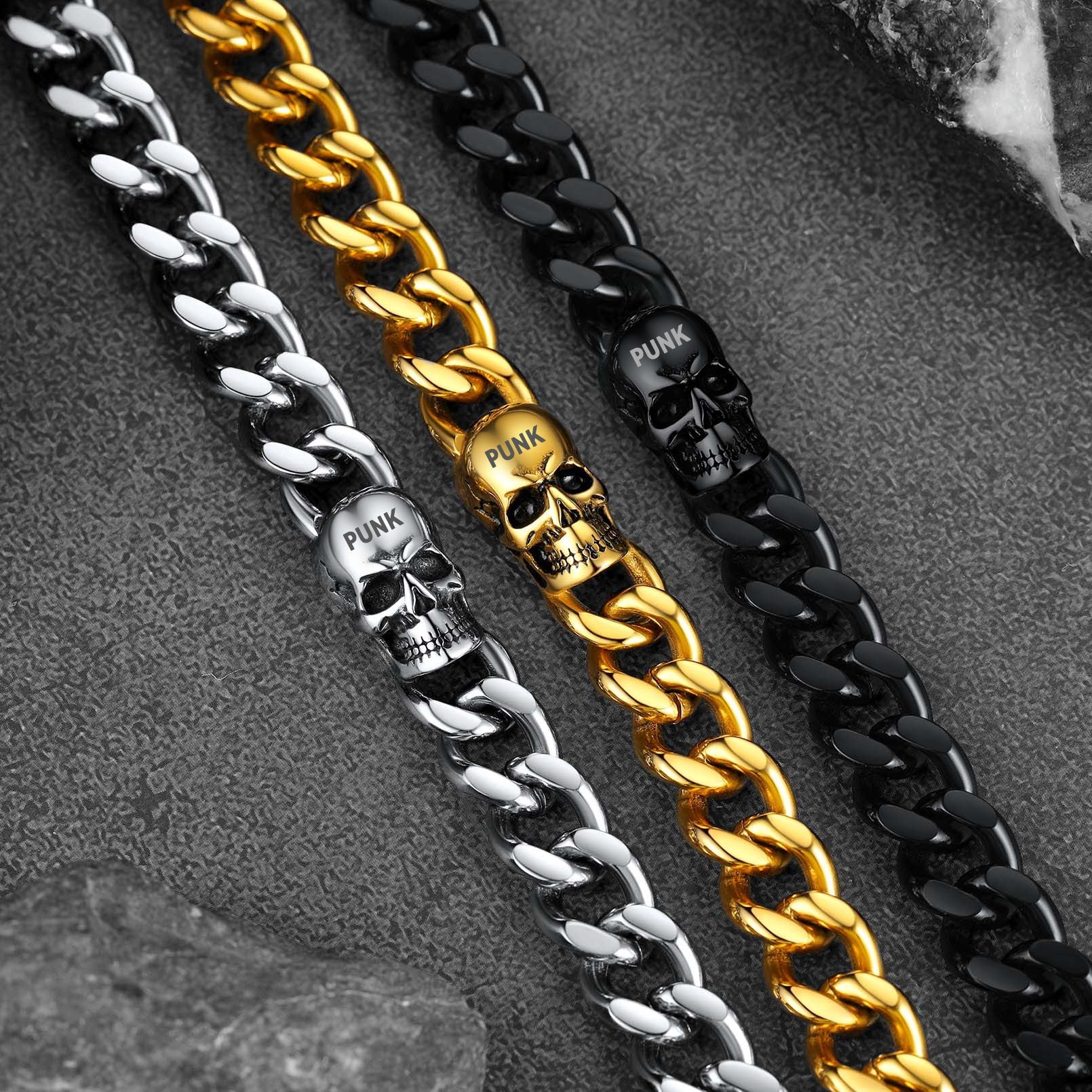 Gothic Heavy Cuban Chain Skull Bracelet For Men in Stainless Steel
