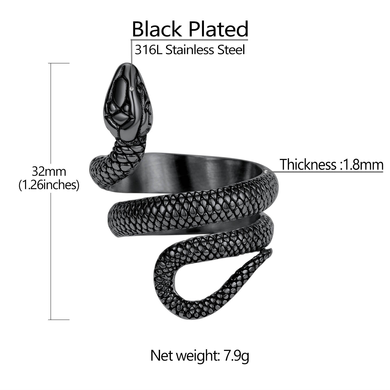 Punk Coiled Snake Stainless Steel Ring for Men and Women