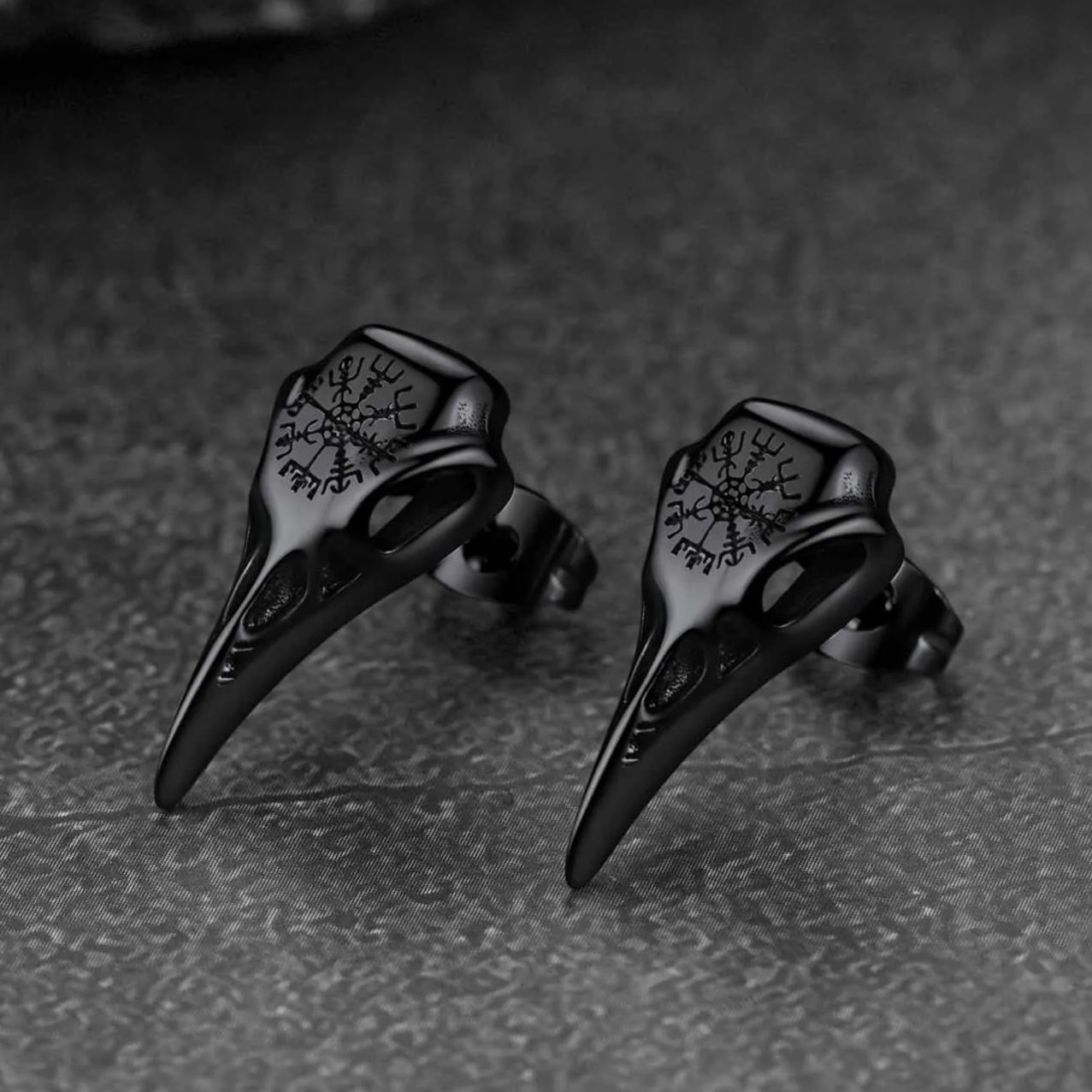 Viking Raven Skull Stud Earrings With Viking Vegvisir For Men Women