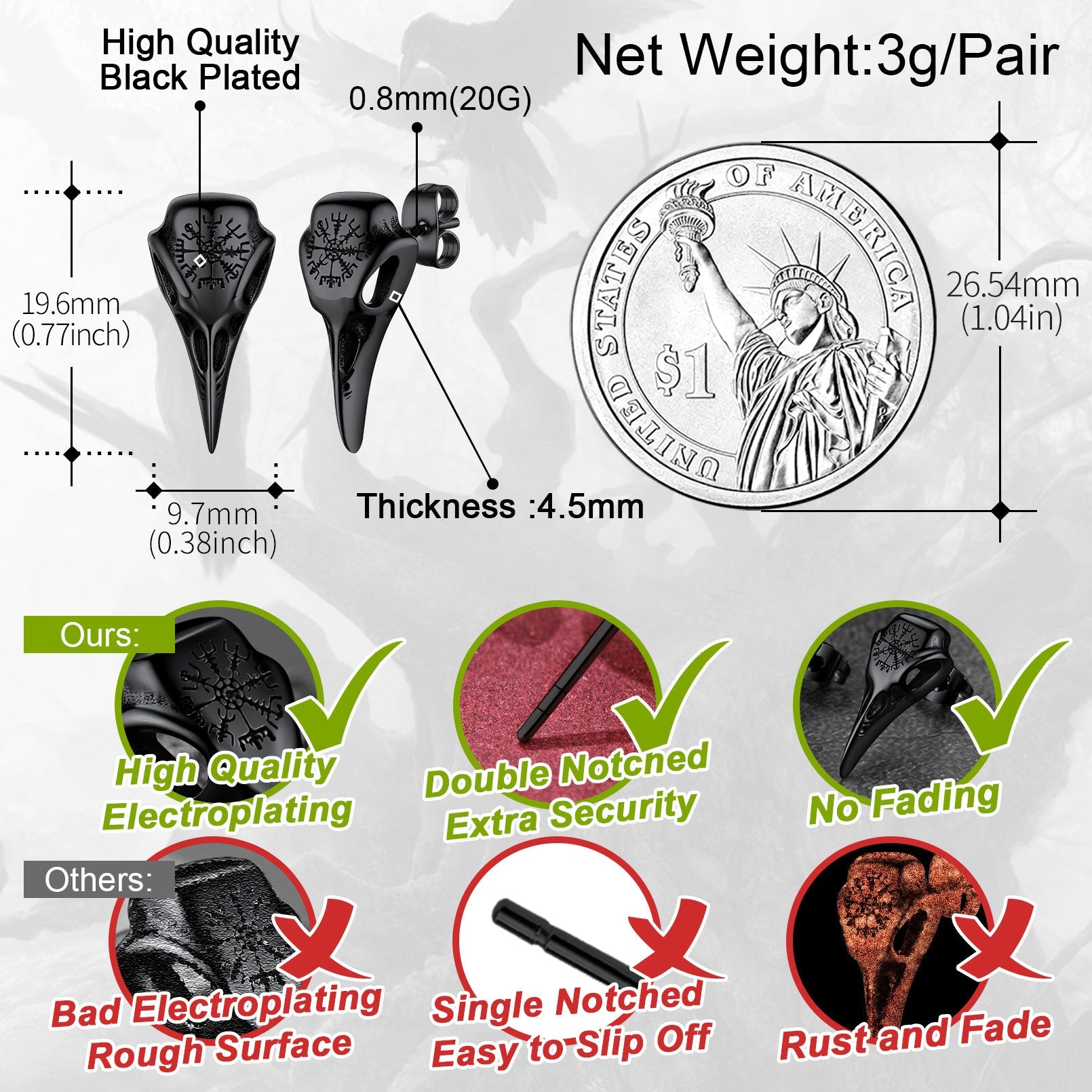 Viking Raven Skull Stud Earrings With Viking Vegvisir For Men Women
