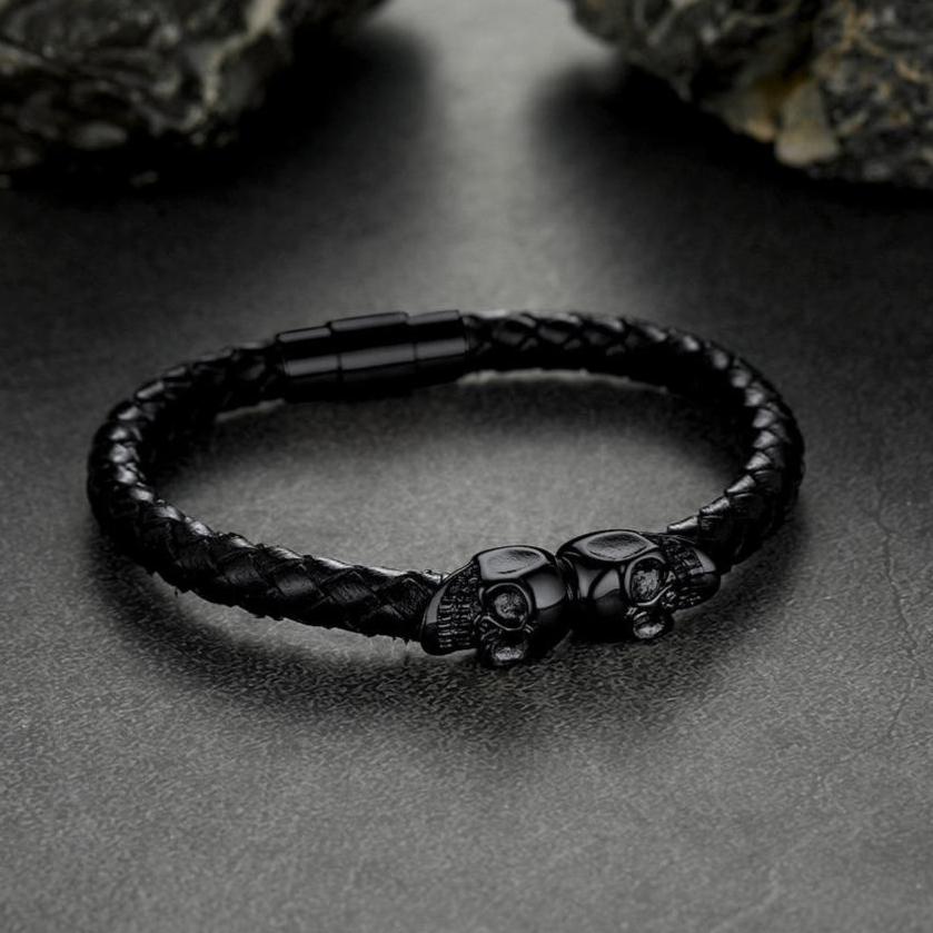 Flash Sale Black Braided Leather Bracelet With Skull for Men