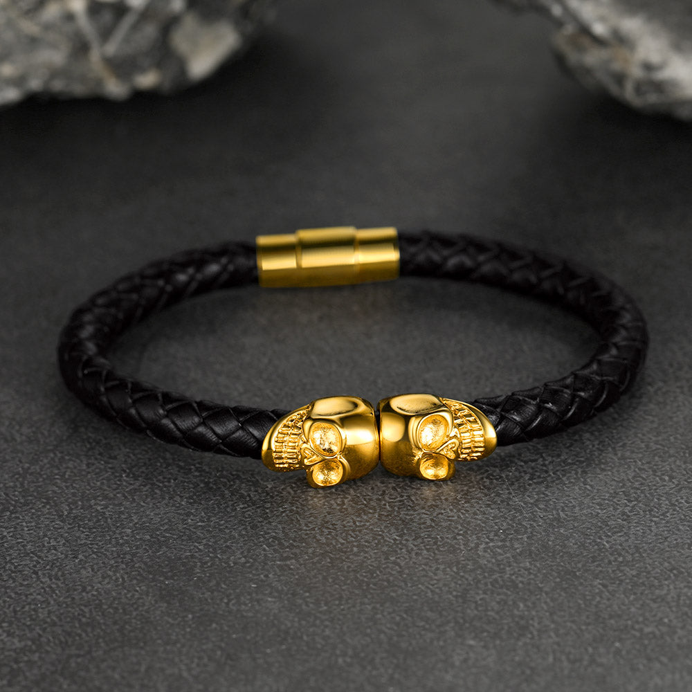 Flash Sale Black Braided Leather Bracelet With Skull for Men