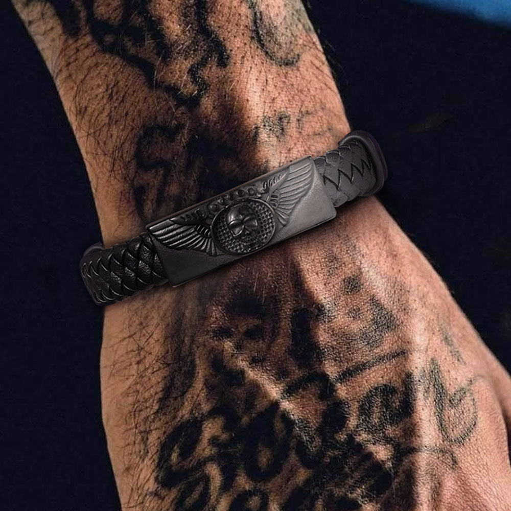 Black Braided Leather Bracelet Cuff with Skull Wing for Men Son