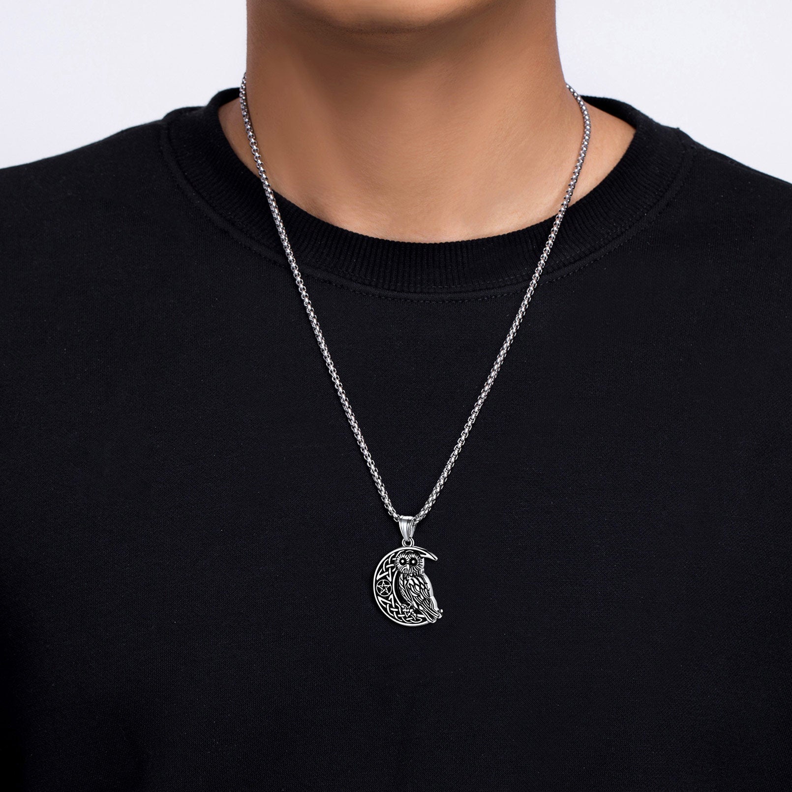 Viking Celtic Crescent Moon Owl Necklace for Men