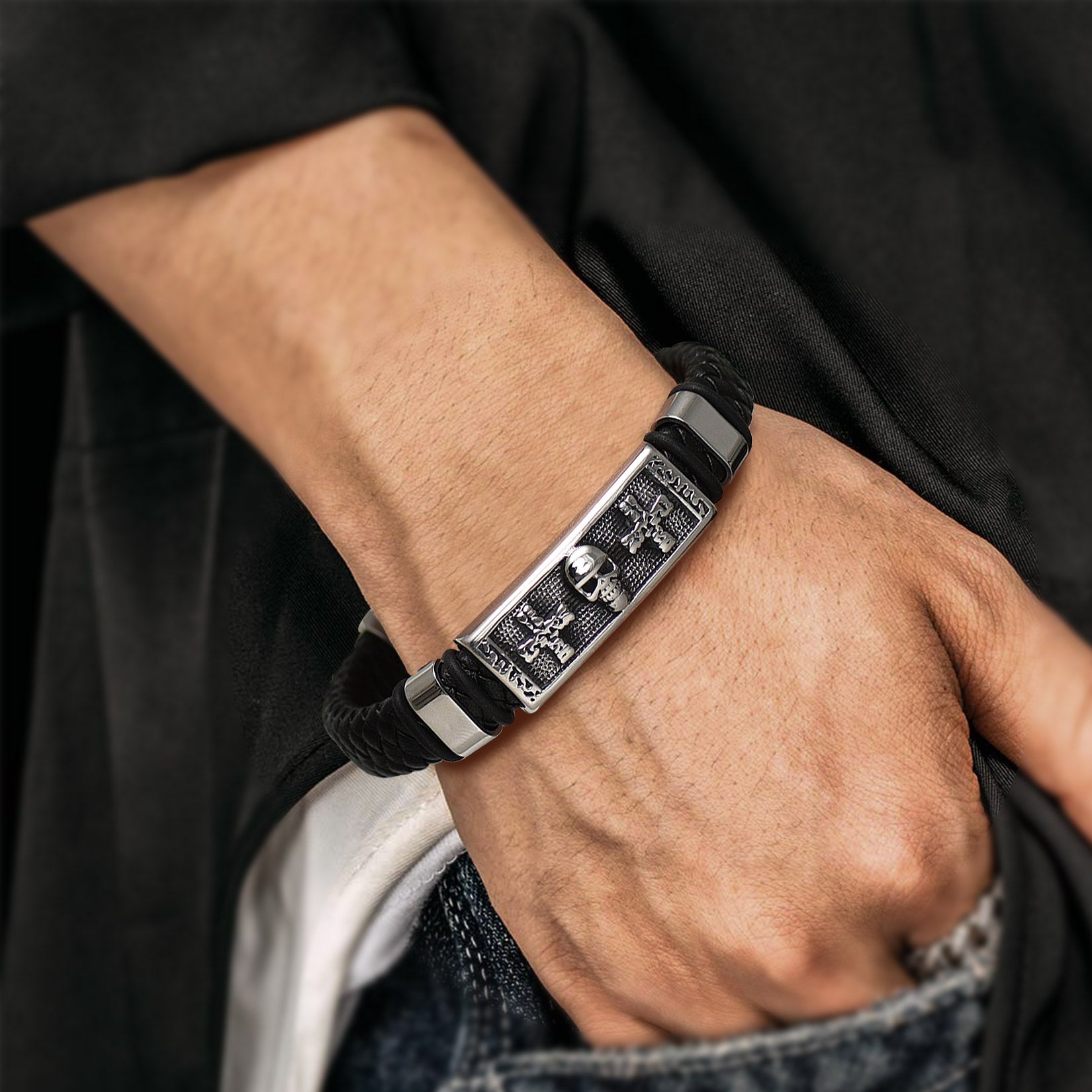 Gothic Black Skull Braided Leather Bracelet For Men Son Grandson
