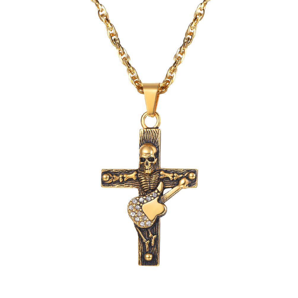 Punk Skull Guitar Cross Necklace for Men