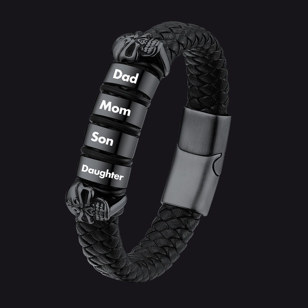 Personalized Name Beads Leather Bracelet with Skull for Men