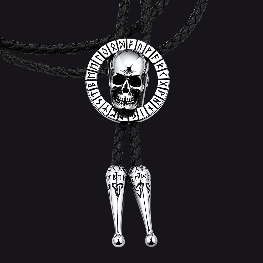 Gothic Skull Bolo Tie with Viking Rune for Men and Women