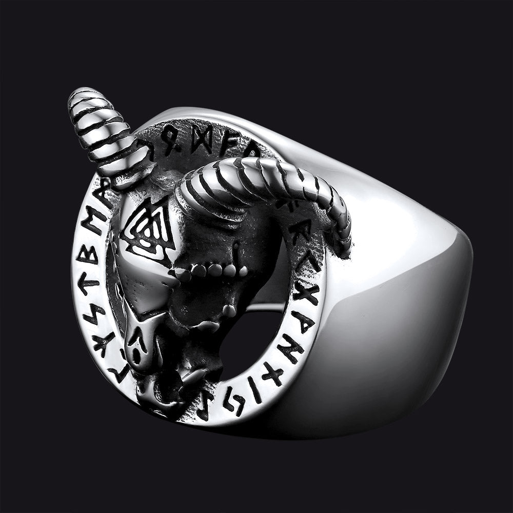Satanic Goat Skull Ring With Viking Runes For Men