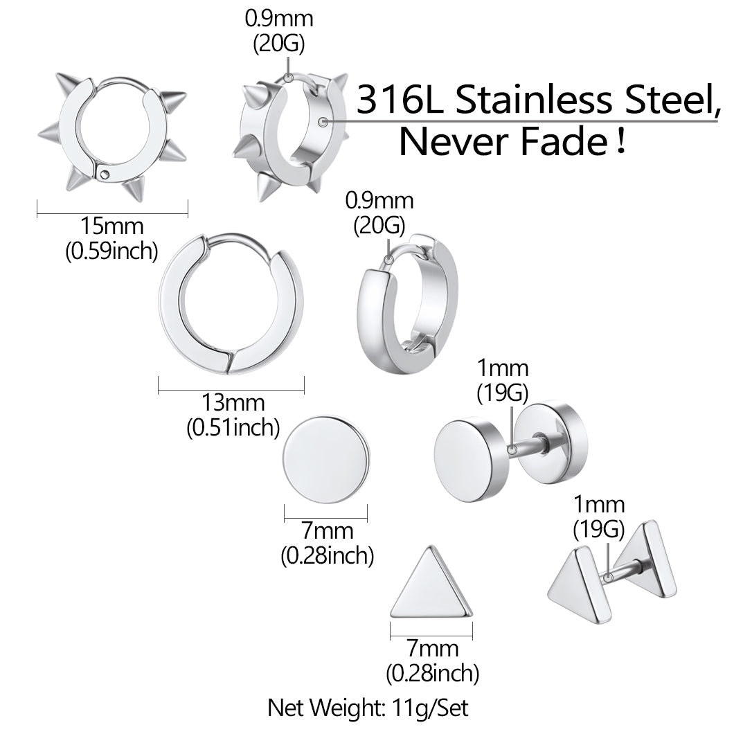 4Pcs Rivets/Hoop/Stud/Triangle Earrings Set for Men