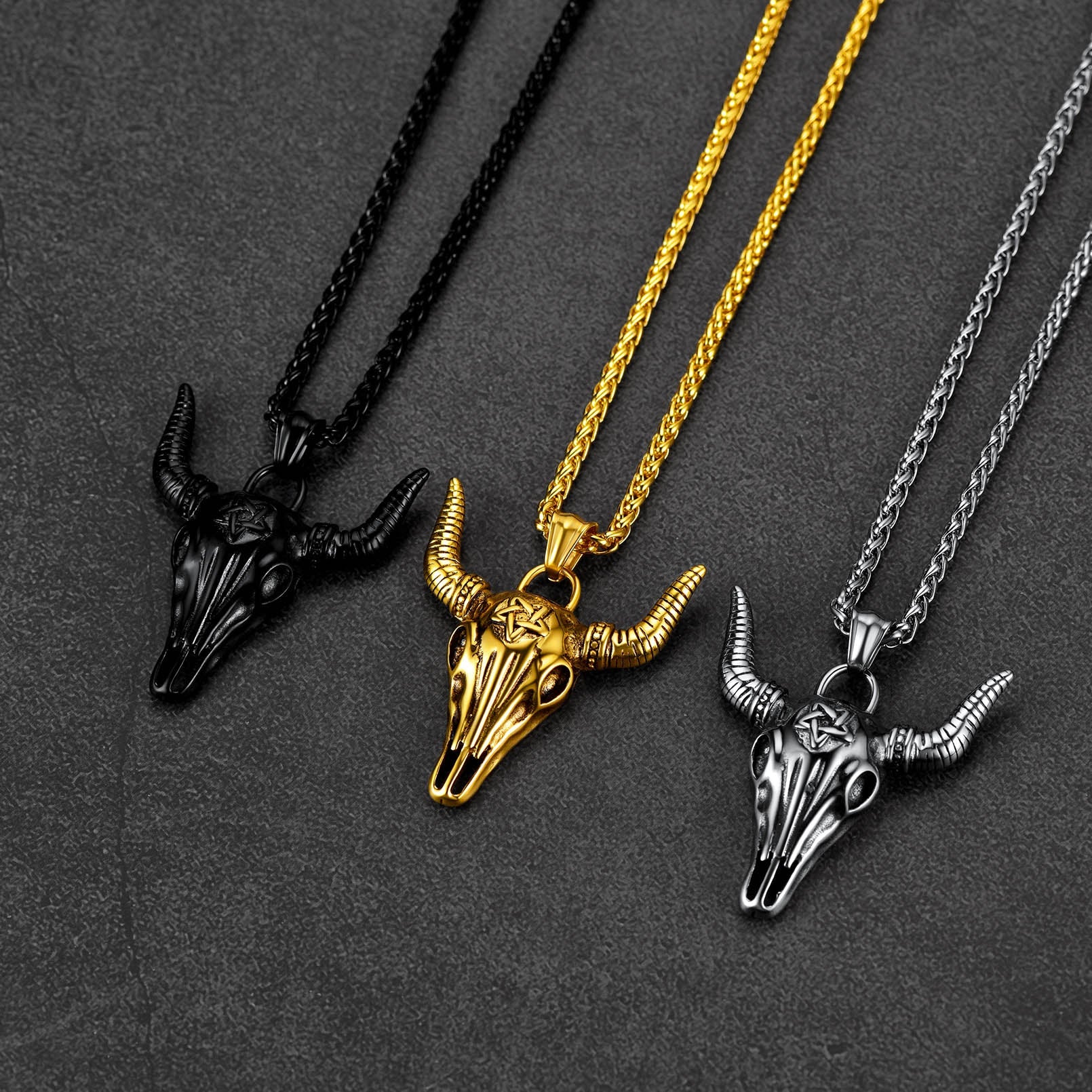 Flash Sale Satanic Bull Cow Skull Necklace with Inverted Pentagram for Men