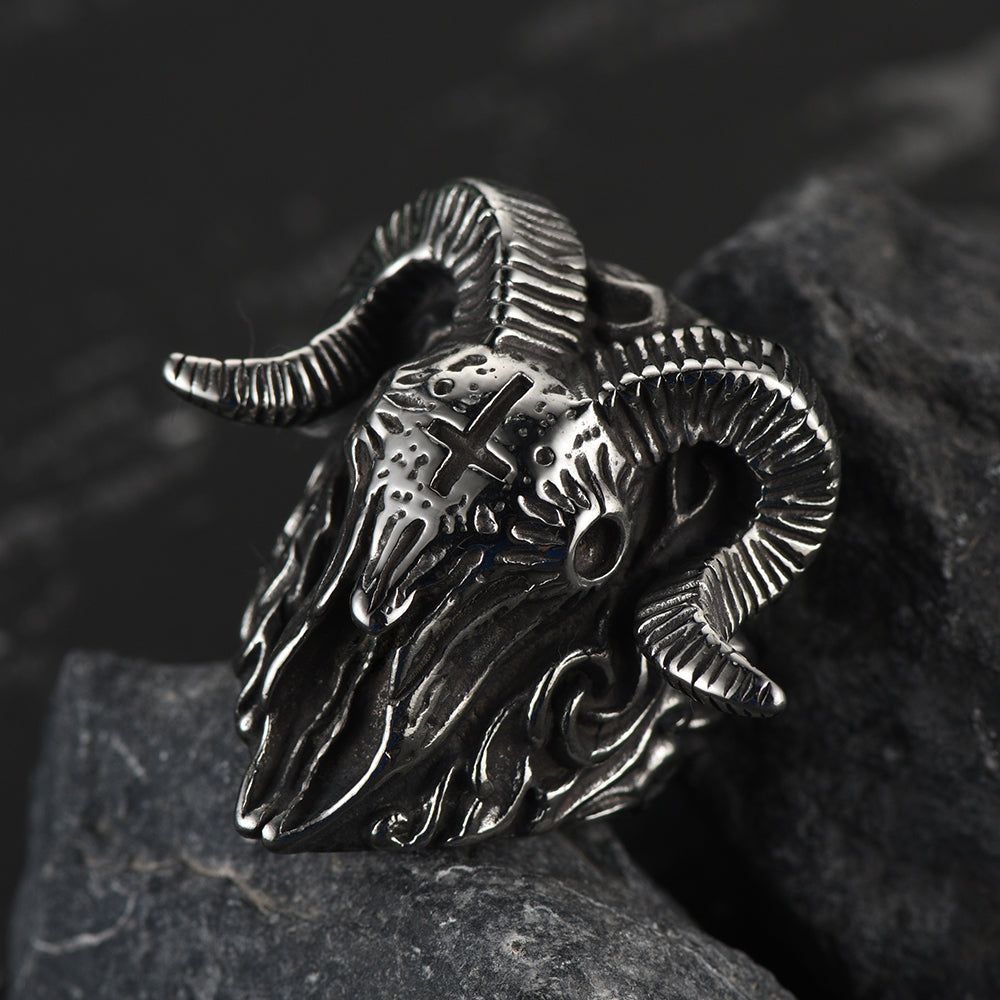 Gothic Society Stainless Steel Satan Baphomet Goat Ring for Men