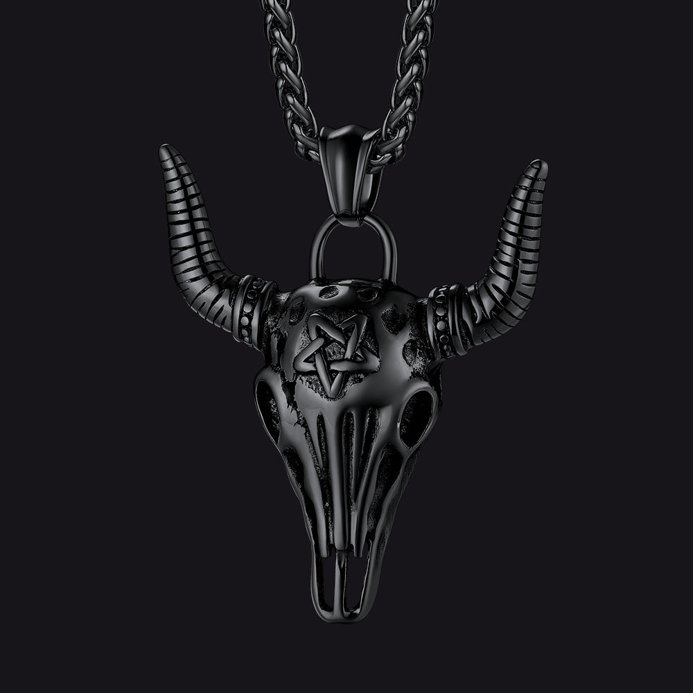 Flash Sale Satanic Bull Cow Skull Necklace with Inverted Pentagram for Men