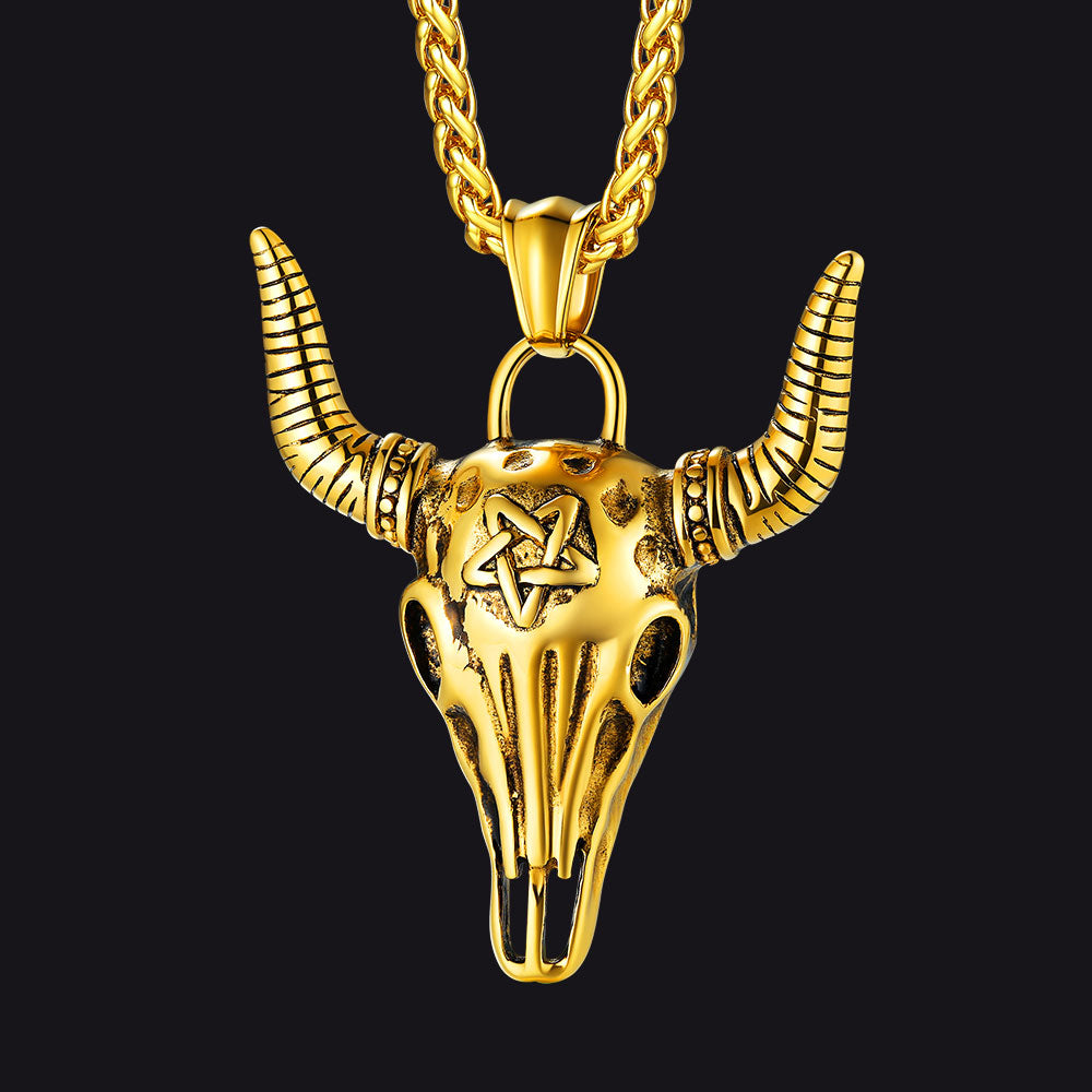 Flash Sale Satanic Bull Cow Skull Necklace with Inverted Pentagram for Men