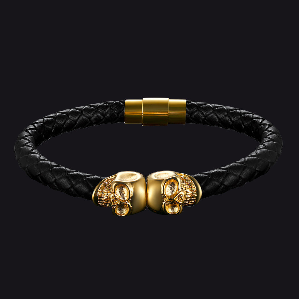 Flash Sale Black Braided Leather Bracelet With Skull for Men