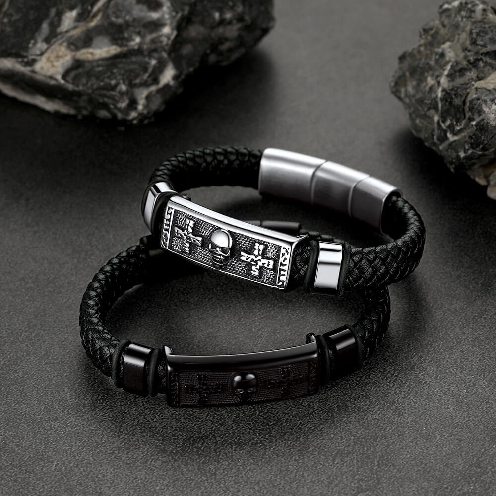 Gothic Black Skull Braided Leather Bracelet For Men Son Grandson